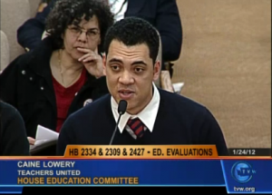 Teacher Caine Lowery gives his testimony before the House Education Committee