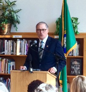 Governor Jay Inslee addresses the crowd at Aki Kurose Middle School before signing Opportunity Gap House Bill 1541